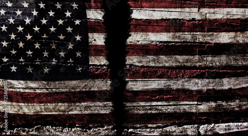 Distressed American flag torn in two representing division in US politics and the threat to democracy and the election