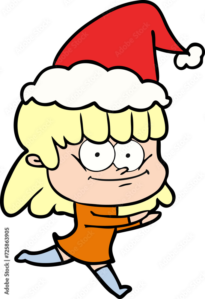 line drawing of a smiling woman wearing santa hat