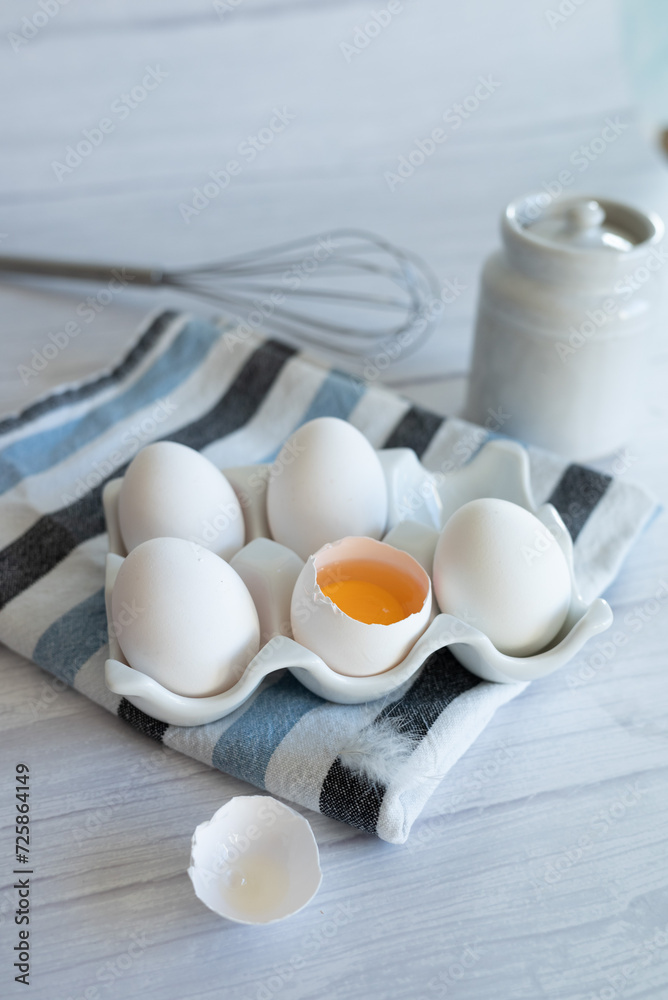 eggs ready for cooking on light kitchen table, hight key