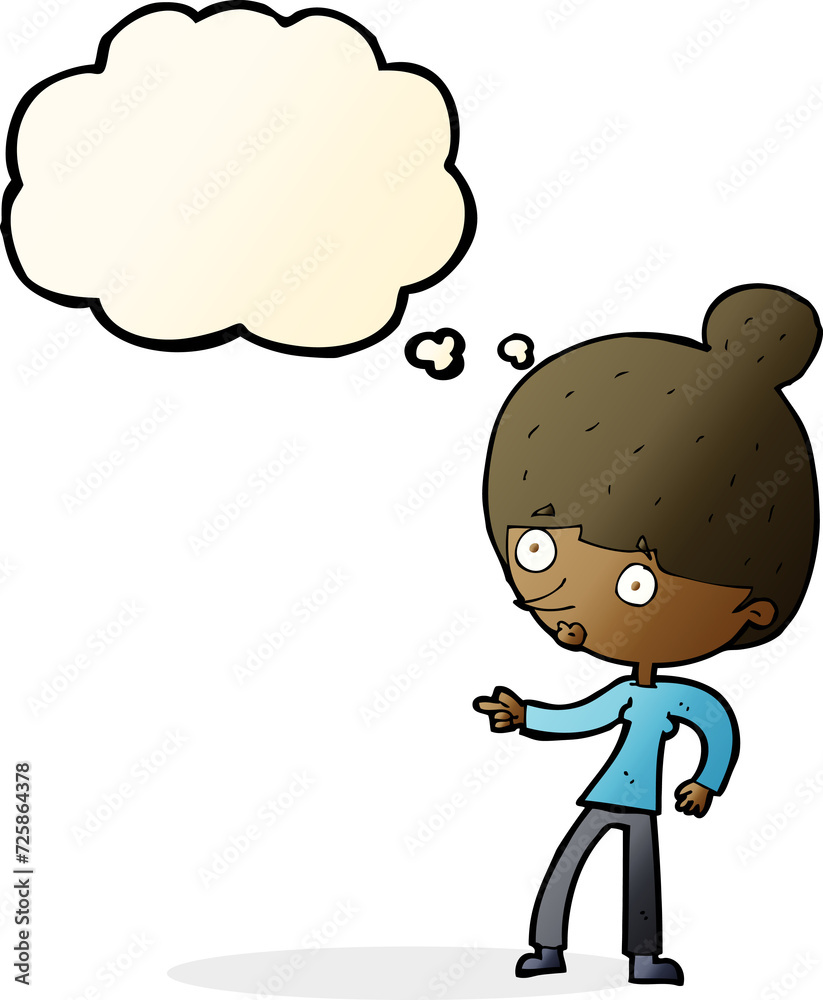 cartoon woman pointing with thought bubble