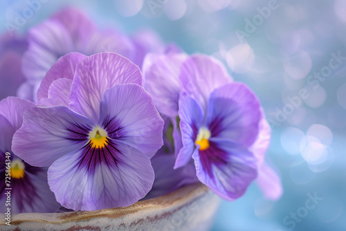 Beautiful violet pansy close up on a blurred background. Copy space.