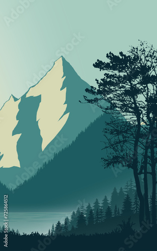 Mountain portrait landscape river forest woods scenary vector background book cover portrait wall artwork poster wallpaper jungle trees fog mist beautiful nature scene illustration