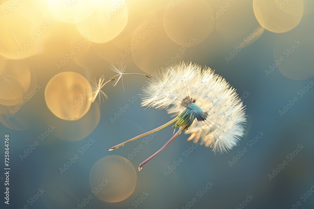 "A single dandelion seed floating gracefully on the wind, its delicate parachute adorned with a soft glow of sunlight. ",,
 - obrazy, fototapety, plakaty 