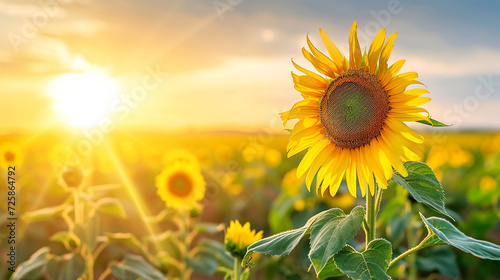 Beautiful yellow sunflower close up on a field during sunset. Copy space. Natural banner.