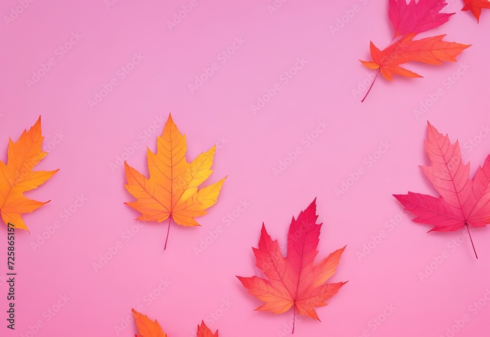 Fototapeta premium Multicolored set autumn leaves on pink pastel