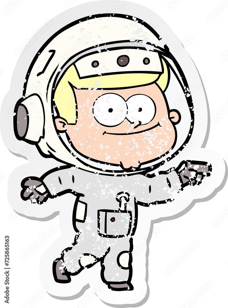 distressed sticker of a happy astronaut cartoon distressed sticker of a happy astronaut cartoon