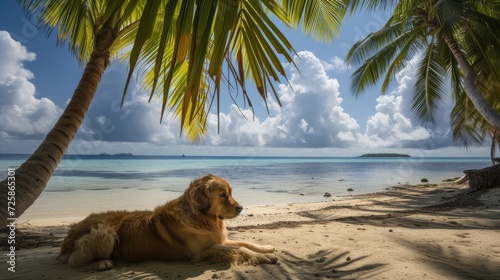 a golden retriever enjoying a beach vacation, lounging on a beach chair and sipping on a cocktail.
