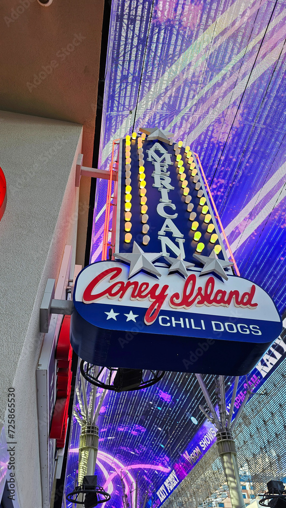 American Coney Island Chili Dogs sign in lights at the Fremont Street Experience in downtown Las