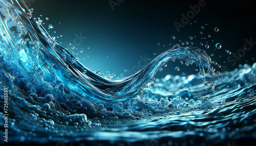 Dynamic water splash forming a fluid wave, with vivid blue tones and transparent droplets in a freeze-motion, symbolizing purity and movement.Background concept. AI generated. photo