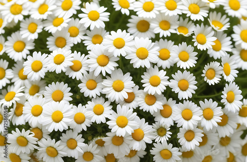 Chamomile field, top view. Many camomiles background