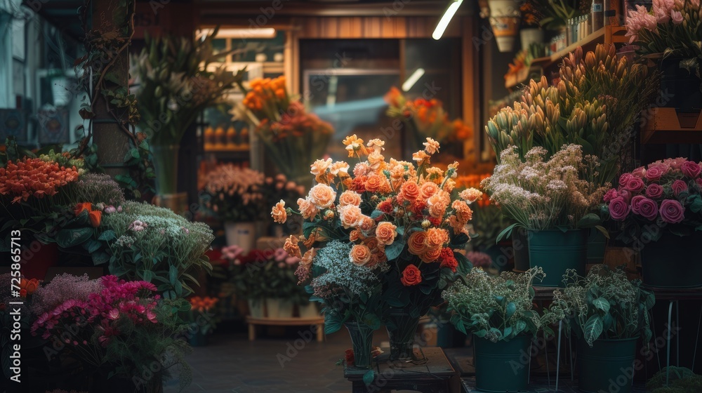 a flower shop brimming with oversized blooms in shades of dark orange, light pink, and light beige, showcasing the abundance of nature in a captivating landscape photograph.