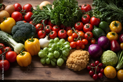 Assortment of fresh colorful organic vegetables on wooden pine table  healthy food background  top view  selective focus