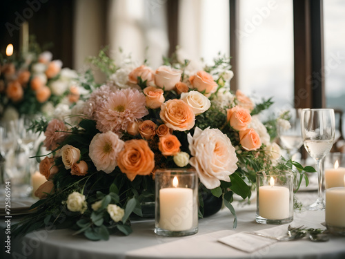 close up of wedding reception table setting with flower arrangements