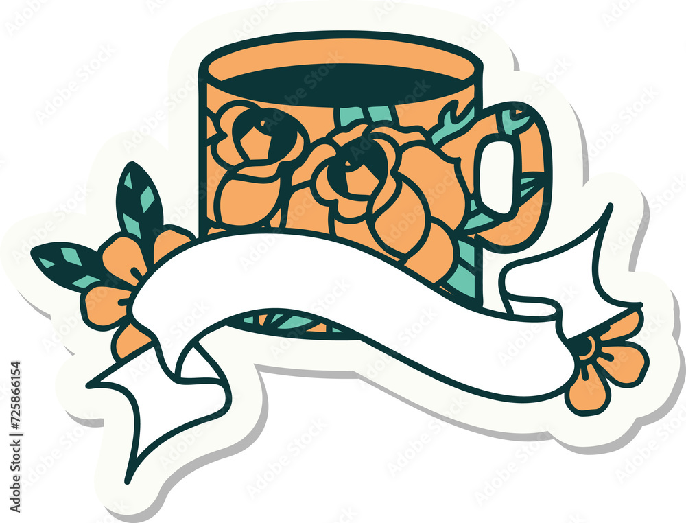 tattoo sticker with banner of a cup and flowers tattoo sticker with banner of a cup and flowers