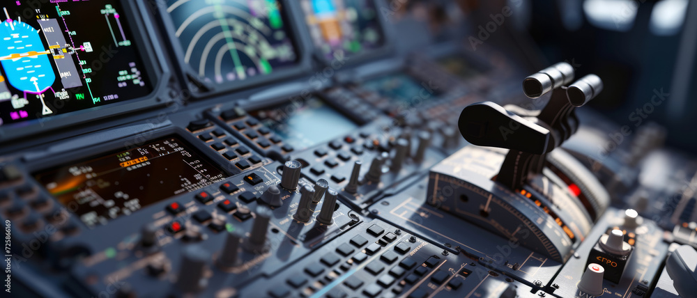 Advanced aircraft cockpit controls and instruments illuminated by screen glow, awaiting navigation Advanced aircraft cockpit controls and instruments illuminated by screen glow, awaiting navigation