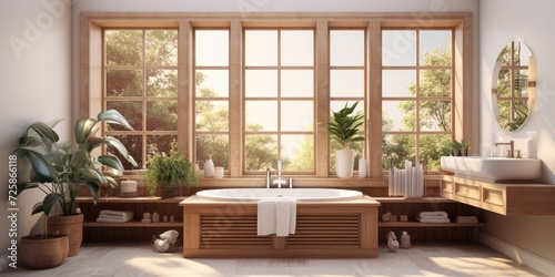 Large windowed bathroom featuring wooden accessories.