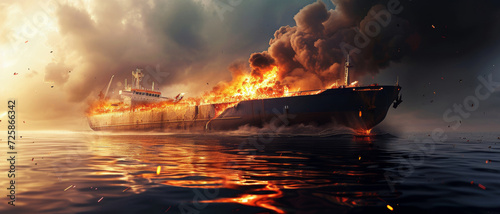 Massive cargo ship engulfed in flames at sea, a dramatic scene of marine disaster unfolding photo