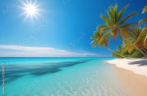 Ocean beach  sea coast with blue water and palm trees  sunny summer  paradise