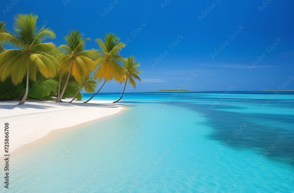 Ocean beach, sea coast with turquoise water, lagoon and palm trees, sunny summer paradise
