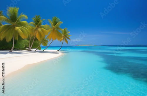 Ocean beach, sea coast with turquoise water, lagoon and palm trees, sunny summer paradise