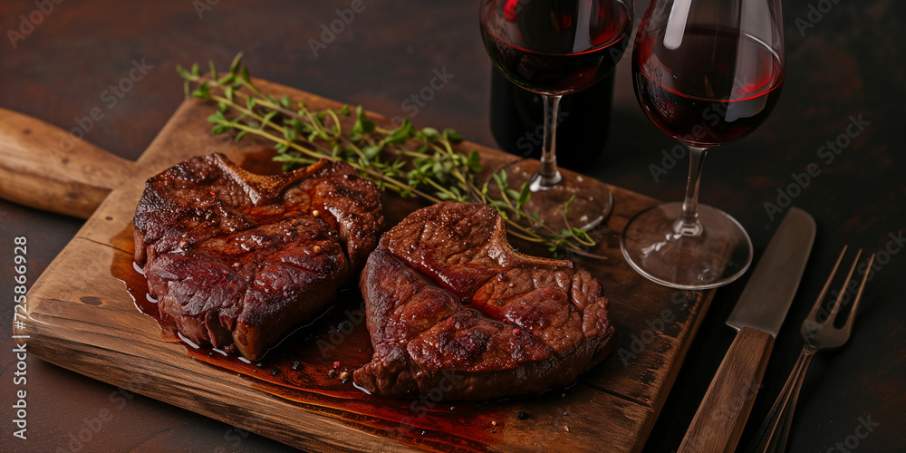 Pair of heart-shaped steaks on a cutting board with herbs and spices and two glasses of red wine. Cooking at home and Valentine's Day dinner concept. Flat lay with copy space. Pair of heart-shaped steaks on a cutting board with herbs and spices and two glasses of red wine. Cooking at home and Valentine's Day dinner concept. Flat lay with copy space.