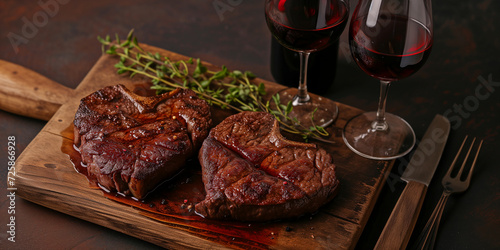 Pair of heart-shaped steaks on a cutting board with herbs and spices and two glasses of red wine. Cooking at home and Valentine's Day dinner concept. Flat lay with copy space. 