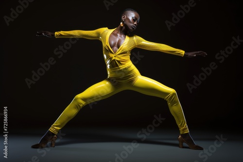 African American non binary person in a striking yellow bodysuit assumes a dance stance, exuding confidence and fluid gender expression