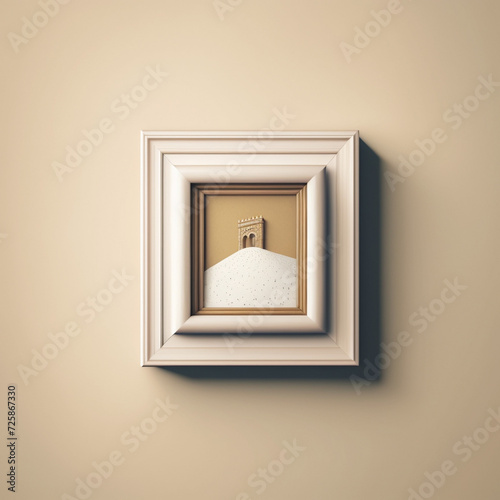Realistic rectangular and square wooden blank picture photo frames stand on a clear wall from the front. wood frame with glossy glass. Template mockup. Generative AI