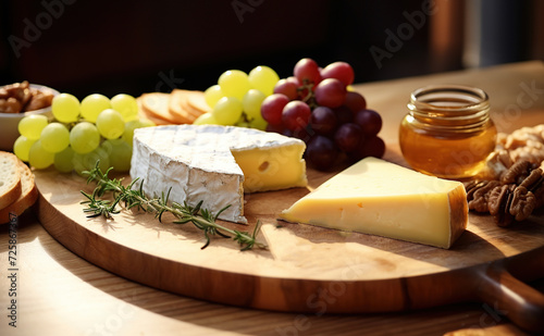 wooden plate with cheese, grape, honey, nuts