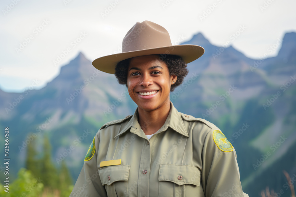 non binary park ranger with a radiant smile, wearing a uniform and hat, stands before a mountainous backdrop