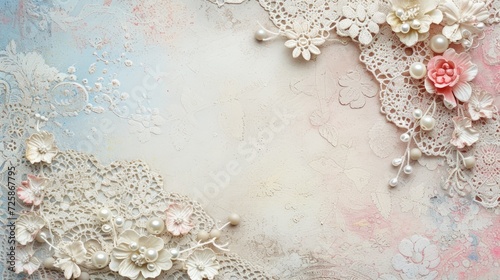 vintage scrapbook paper adorned with delicate white lace, featuring ample copyspace for personalization, presented in high relief to accentuate the intricate details. photo