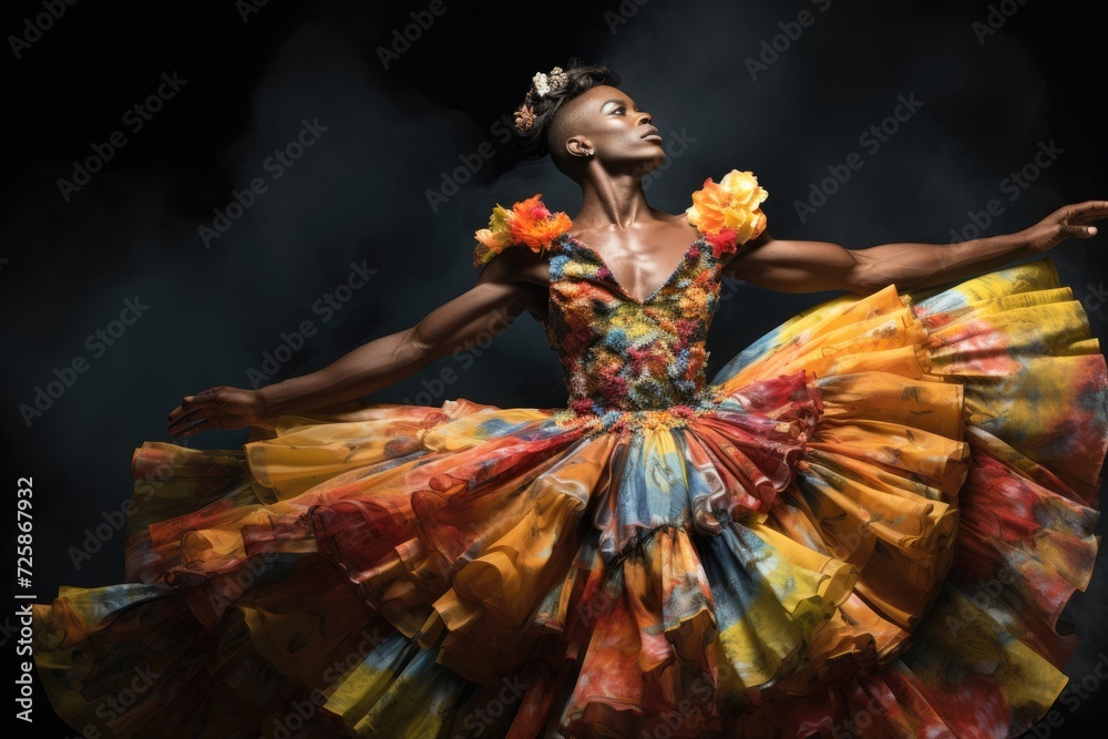 Fototapeta premium non binary person in a vibrant yellow floral dress strikes an expressive dance pose, embodying freedom and diversity, dark background