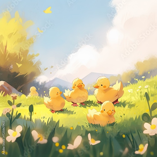 illustration for a children s book  playing ducklings  sunny day 