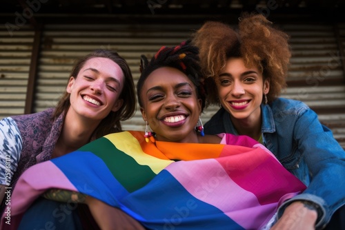 Three vibrant individuals share a heartfelt laugh, wrapped in the colors of the rainbow flag, symbolizing the joy and solidarity of the LGBT community