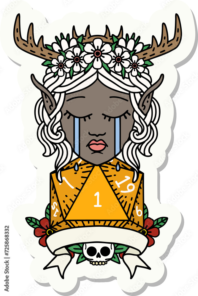 sad elf druid character face with natural one D20 roll sticker sad elf druid character face with natural one D20 roll sticker