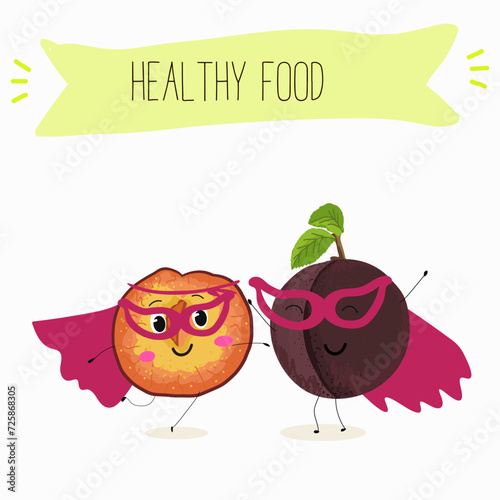 Cute  cartoon cherry plum characters with different activities. Flat vector illustration, funny fruits. Organic food.