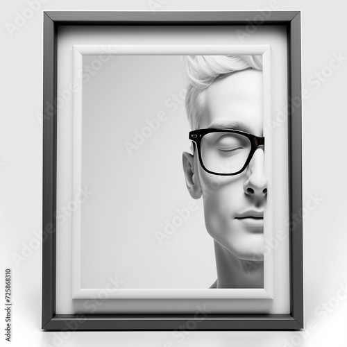 Realistic rectangular and square wooden blank picture photo frames stand on a clear wall from the front. wood frame with glossy glass. Template mockup. Generative AI