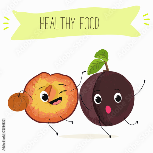 Cute  cartoon cherry plum characters with different activities. Flat vector illustration, funny fruits. Organic food.