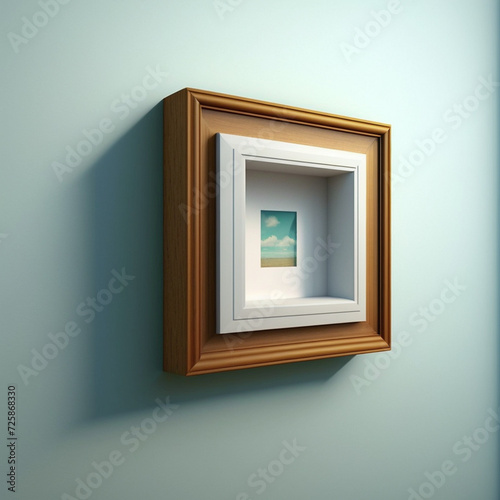 Realistic rectangular and square wooden blank picture photo frames stand on a clear wall from the front. wood frame with glossy glass. Template mockup. Generative AI