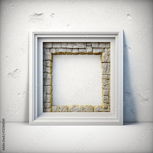 Realistic rectangular and square wooden blank picture photo frames stand on a clear wall from the front. wood frame with glossy glass. Template mockup. Generative AI