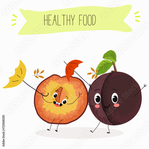 Cute  cartoon cherry plum characters with different activities. Flat vector illustration, funny fruits. Organic food.