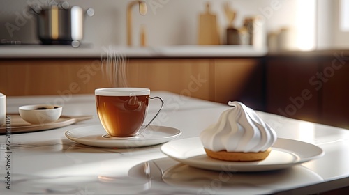 a cup of tea accompanied by luscious meringue on a pristine white plate, offering a soothing visual retreat amidst sleek design aesthetics.
