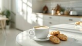 a steaming cup of coffee and a selection of delicate biscuits arranged on a pristine white table, offering a visual ode to simplicity and refinement.