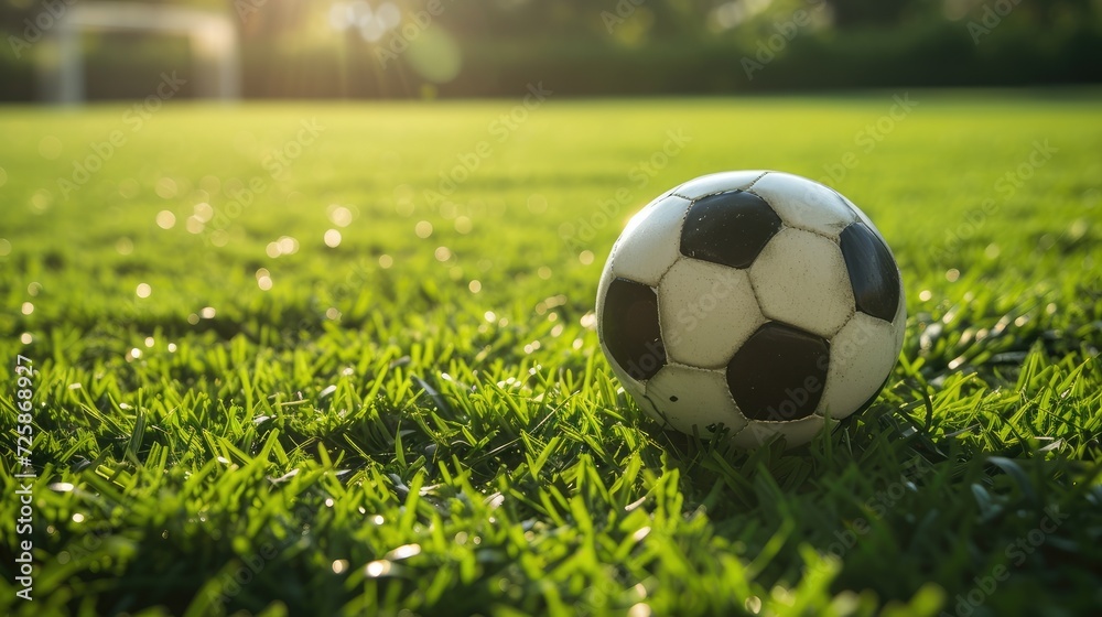 Obraz premium a soccer ball placed on green grass against, offering a direct view that highlights the sport's simplicity and beauty, enhanced by soft shadows and clear focus