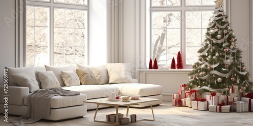Scandinavian Christmas living room with white sofa, striped pillows, fleece ottoman, glass coffee table, decorated tree with gifts, area rug, and festive decor.