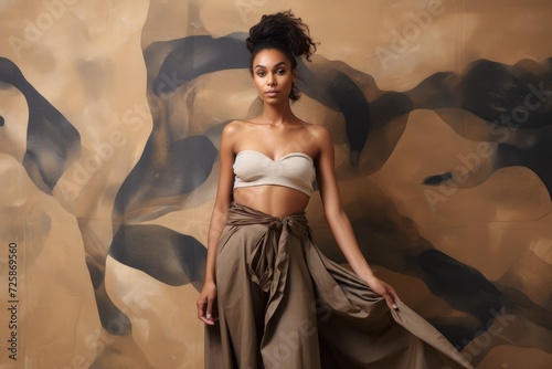 young woman of African descent models a chic strapless top and a flowing skirt against a backdrop reminiscent of desert dunes