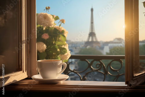 Hot coffee on window sill and Paris landscape. Dawn time.