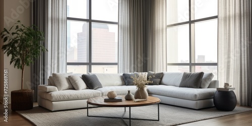 Compact living space featuring a gray sectional sofa  a chic rolling coffee table  and large windows covered by gray and white curtains.