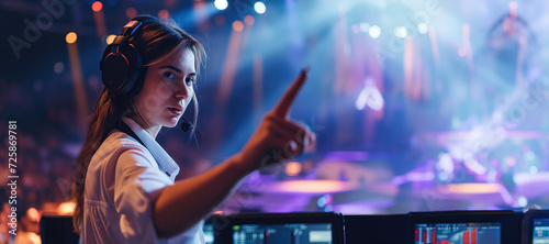 Event manager or show planner woman pointing finger and wearing headset earphones with microphone, pointing finger, live concert show in background with copy space photo