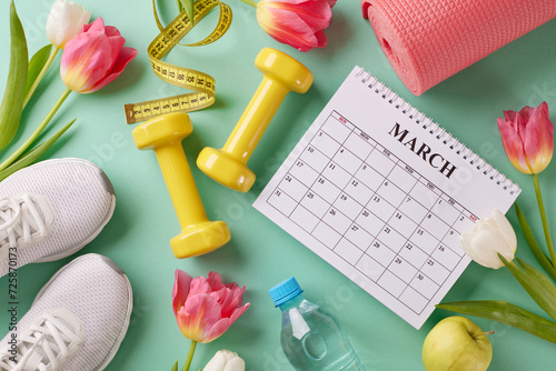 Blossom into wellness: A springtime exercise agenda. Top view photo of calendar, apple, sneakers, water bottle, sport equipment, tulips on turquoise background